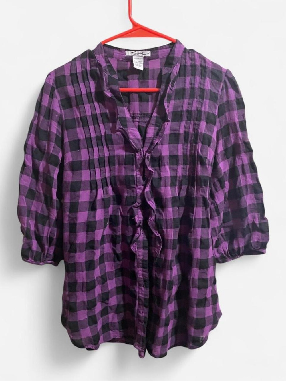 Timing Purple and Black Plaid Ruffle-Front Blouse